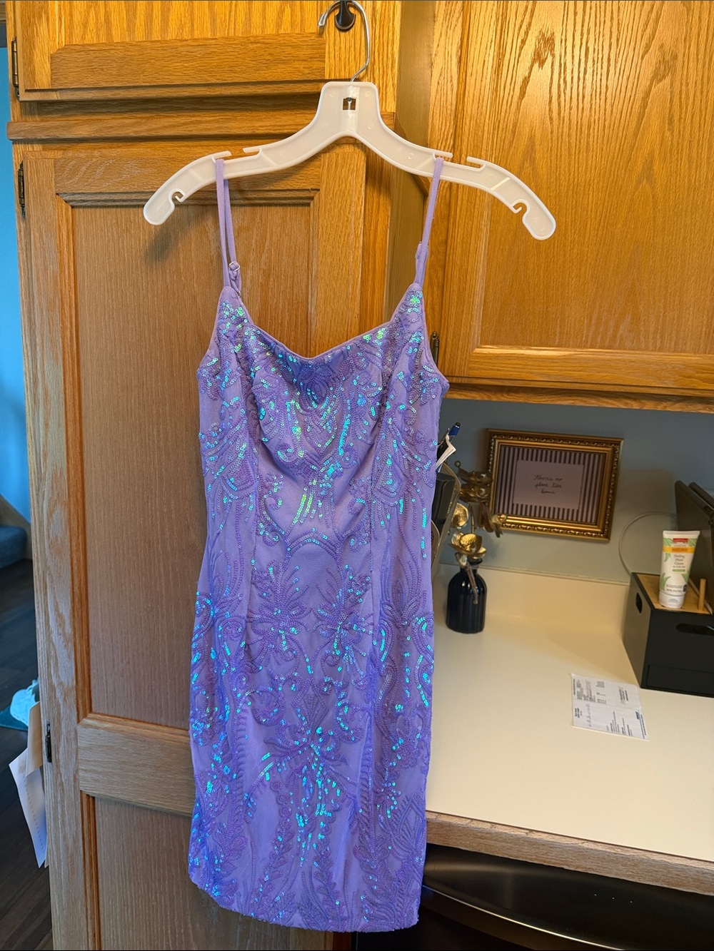 Lilac Sequin Cowl Neck Mini Dress with Spaghetti Straps